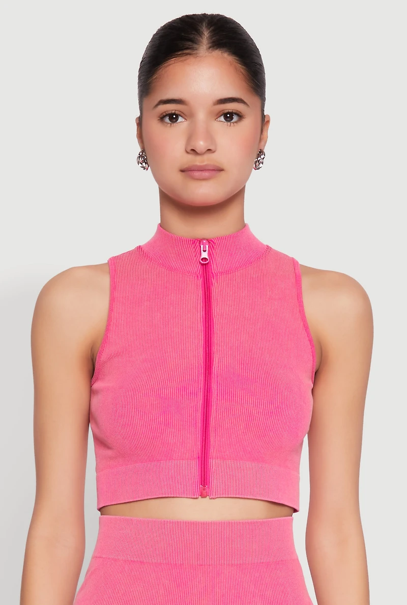 Womens Mineral Wash Seamless Zip Front Crop Top, Pink, Size L-XL