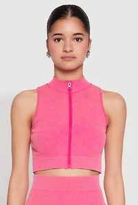 Womens Mineral Wash Seamless Zip Front Crop Top, Pink, Size L-XL