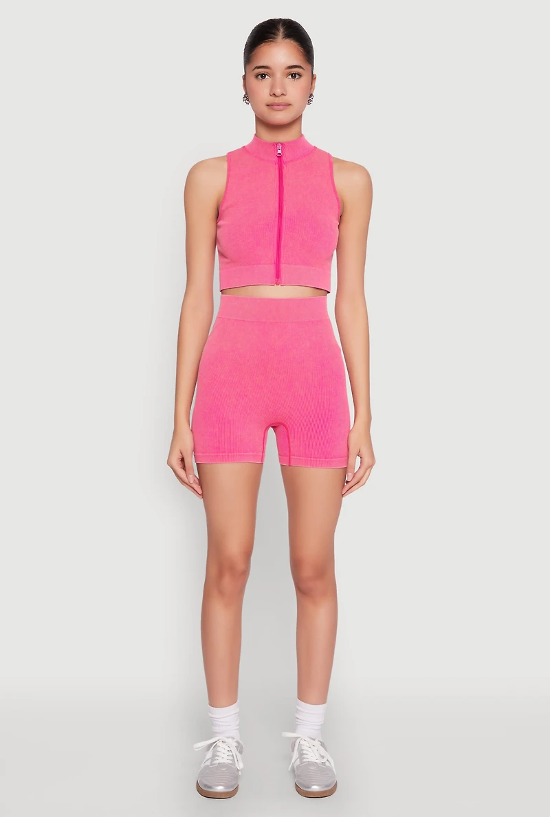 Womens Mineral Wash Seamless Zip Front Crop Top, Pink, Size L-XL