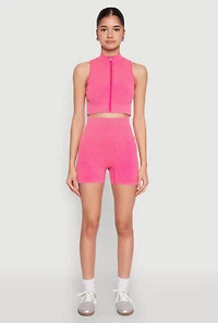 Womens Mineral Wash Seamless Zip Front Crop Top, Pink, Size L-XL