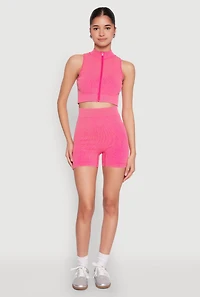 Womens Mineral Wash Seamless Zip Front Crop Top, Pink, Size L-XL