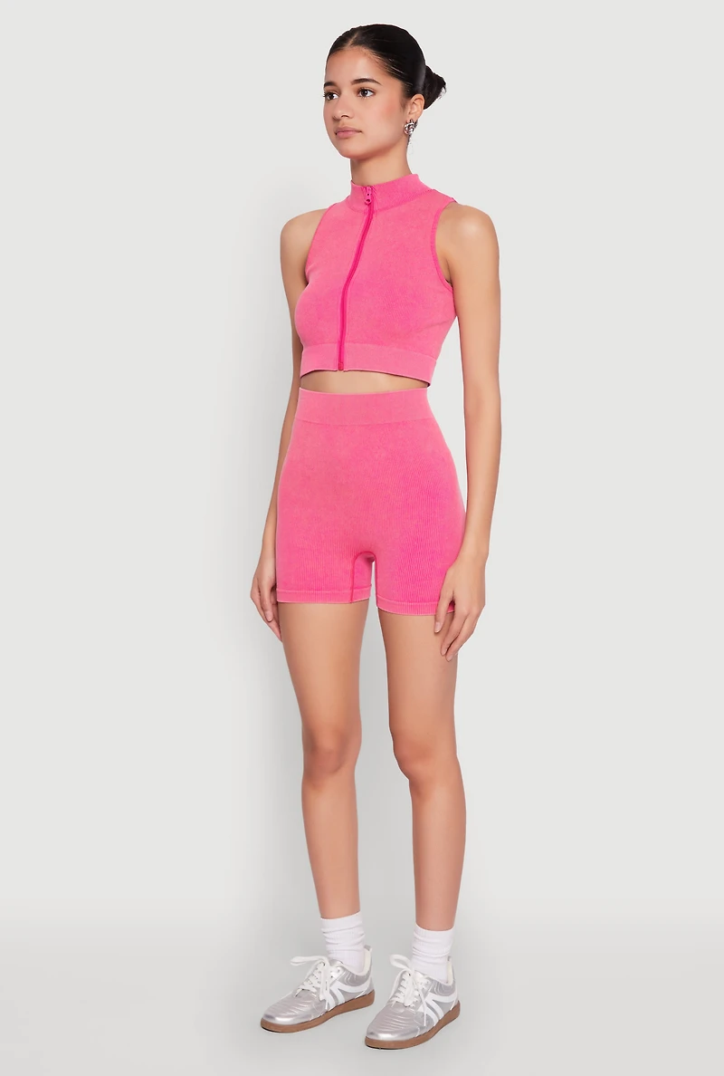 Womens Mineral Wash Seamless Zip Front Crop Top, Pink, Size L-XL