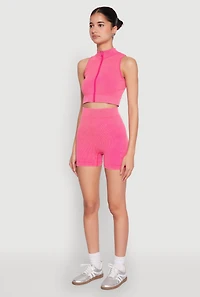 Womens Mineral Wash Seamless Zip Front Crop Top, Pink, Size L-XL