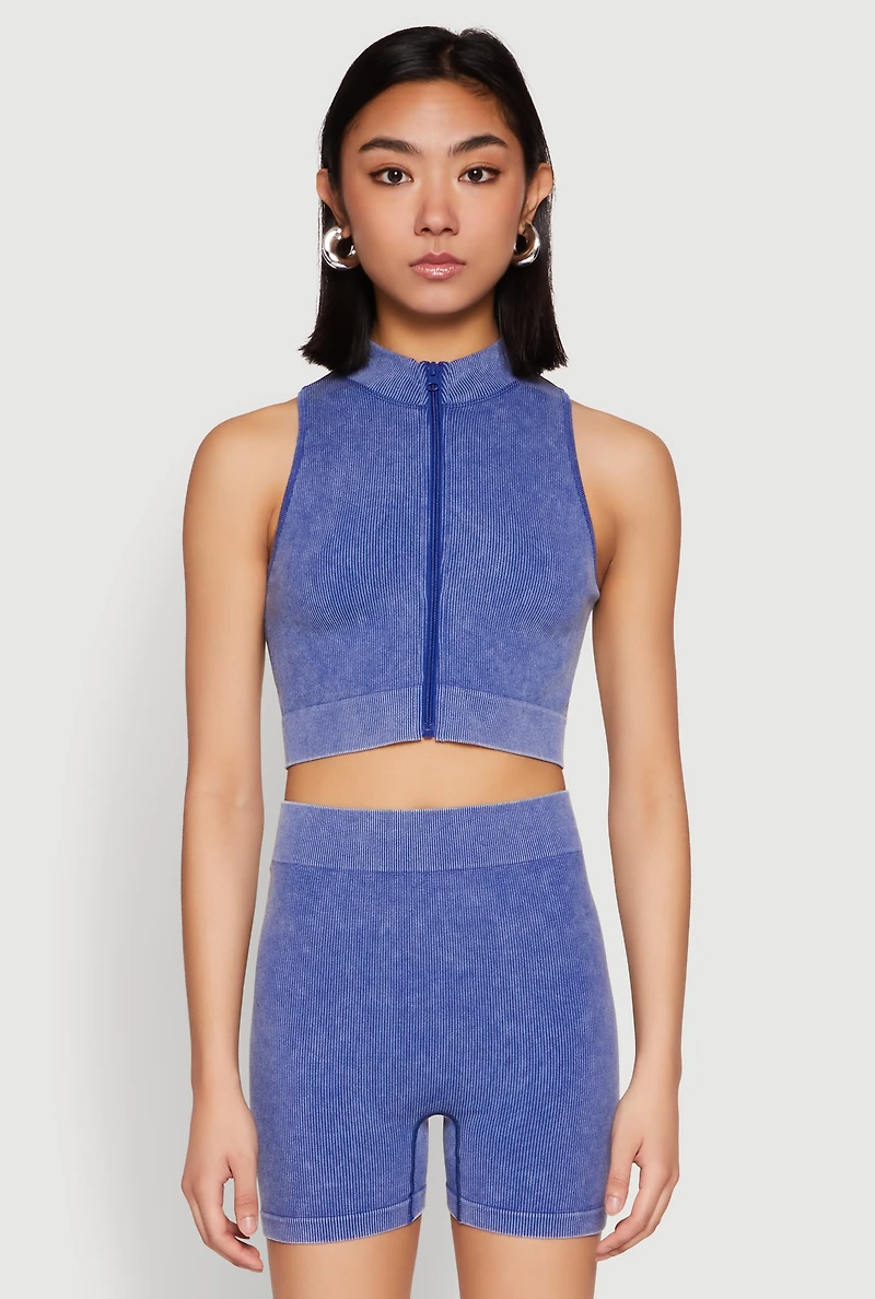 Womens Mineral Wash Seamless Zip Front Crop Top, Blue, Size S-M