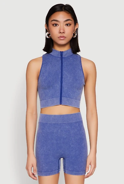 Womens Mineral Wash Seamless Zip Front Crop Top, Blue, Size S-M