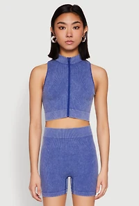 Womens Mineral Wash Seamless Zip Front Crop Top, Blue, Size S-M