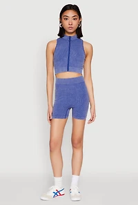 Womens Mineral Wash Seamless Zip Front Crop Top, Blue, Size S-M