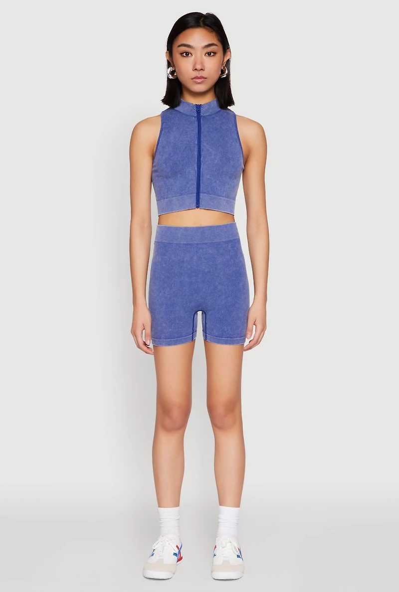 Womens Mineral Wash Seamless Zip Front Crop Top, Blue, Size S-M