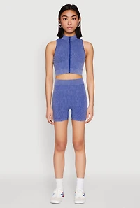 Womens Mineral Wash Seamless Zip Front Crop Top, Blue, Size S-M