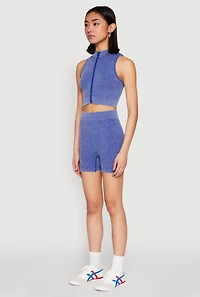 Womens Mineral Wash Seamless Zip Front Crop Top, Blue, Size S-M