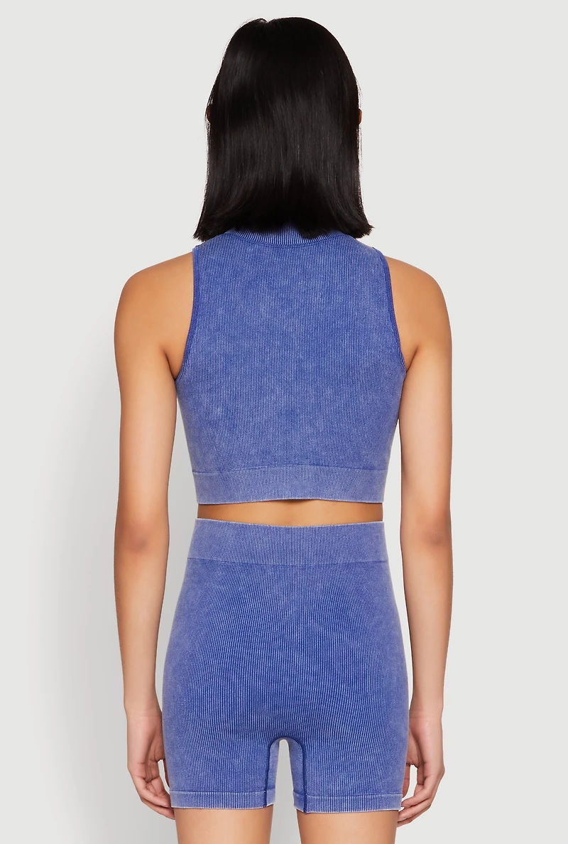 Womens Mineral Wash Seamless Zip Front Crop Top, Blue, Size S-M