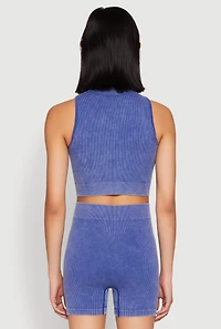 Womens Mineral Wash Seamless Zip Front Crop Top, Blue, Size S-M