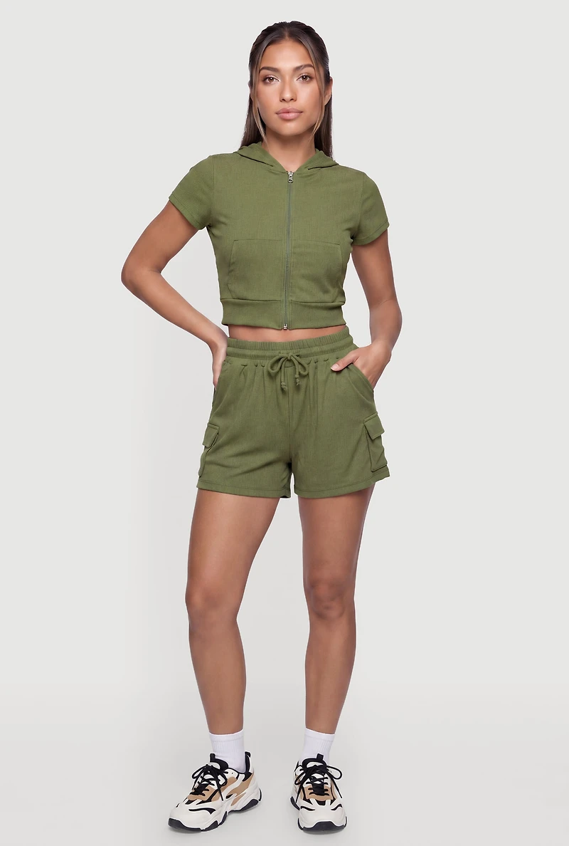 Drawstring Waist Mid Rise Cargo Shorts