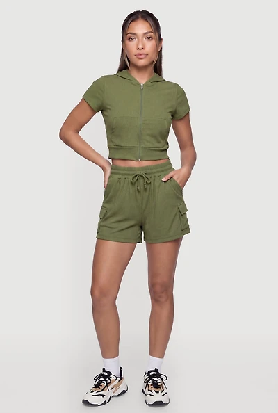 Drawstring Waist Mid Rise Cargo Shorts