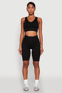 Womens Seamless V Neck Active Crop Top, Black, Size S-M