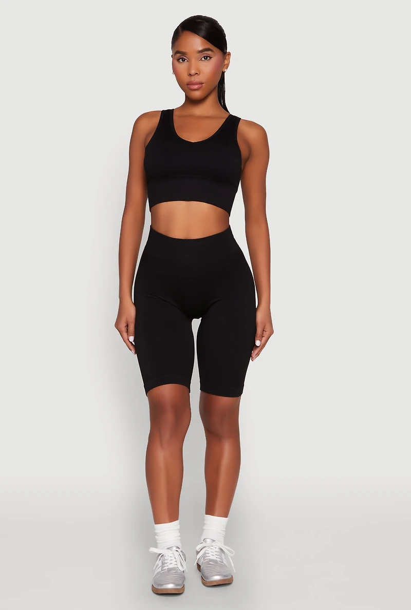 Womens Seamless V Neck Active Crop Top, Black, Size S-M