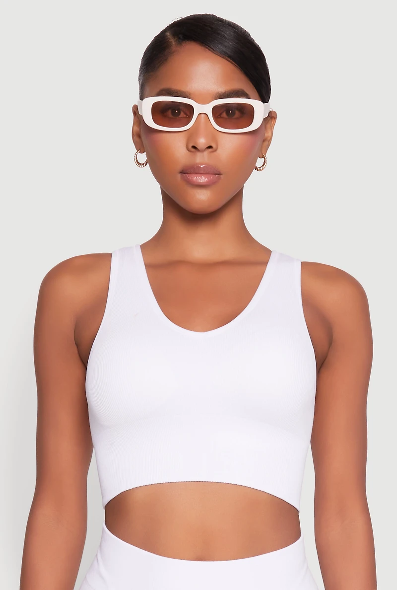 Womens Seamless V Neck Active Crop Top, White, Size S-M