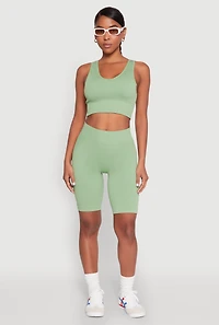 Womens Seamless V Neck Active Crop Top, Green, Size S-M