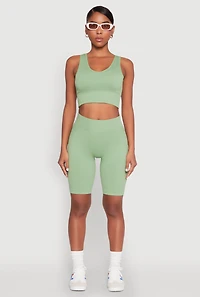 Womens Seamless V Neck Active Crop Top, Green, Size L-XL