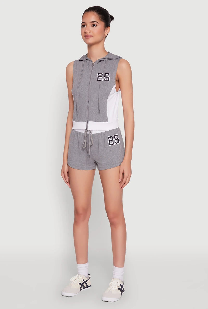 Womens 25 Graphic Hooded Zip Front Vest, Grey, Size L