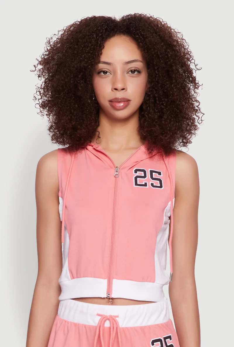 Womens 25 Graphic Hooded Zip Front Vest, Pink, Size M