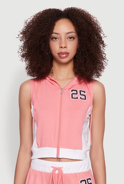 Womens 25 Graphic Hooded Zip Front Crop Top, Pink, Size XL
