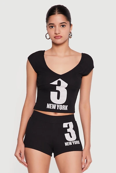 3 New York Graphic V Neck Crop Top
