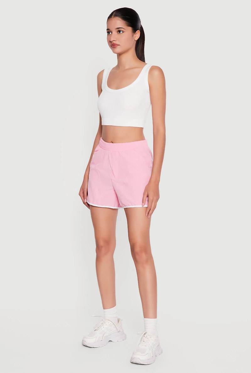 Contrast Trim Decorative Stitch Smocked High Waist Shorts