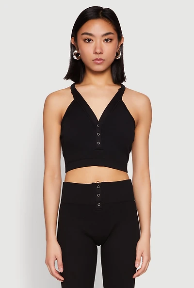 Womens Sleeveless Racerback Henley Crop Top, Black,