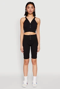 Womens Sleeveless Racerback Henley Crop Top, Black,