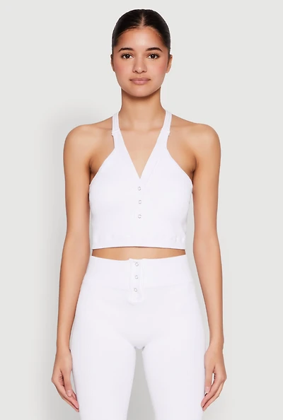Womens Sleeveless Racerback Henley Crop Top, White, Size L-XL