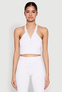 Womens Sleeveless Racerback Henley Crop Top, White, Size L-XL