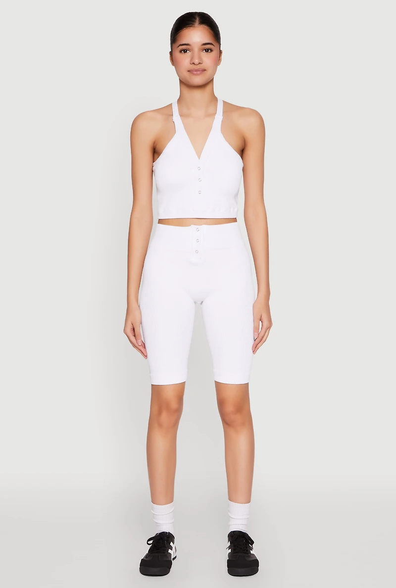 Womens Sleeveless Racerback Henley Crop Top, White, Size L-XL