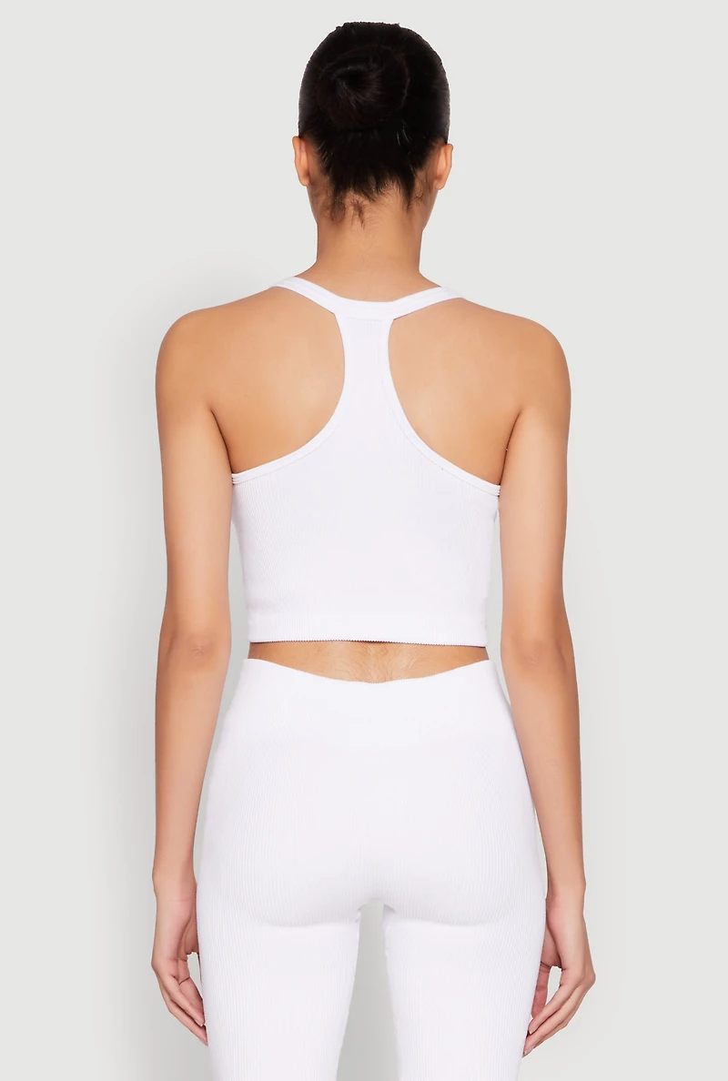 Womens Sleeveless Racerback Henley Crop Top, White, Size L-XL