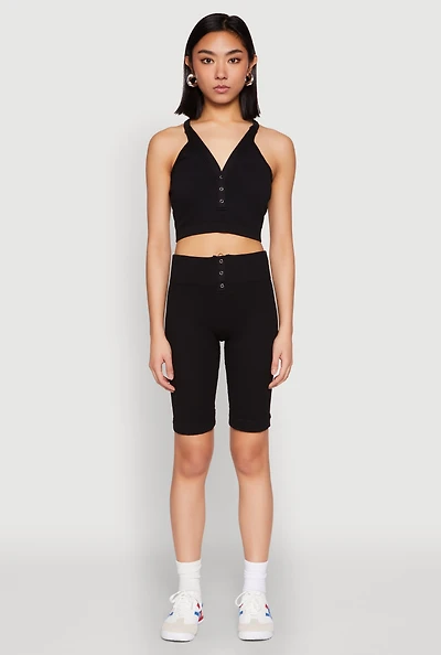 Womens Seamless Ribbed Button Detail Biker Shorts, Black, Size S-M