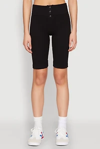 Womens Seamless Ribbed Button Detail Biker Shorts, Black, Size L-XL