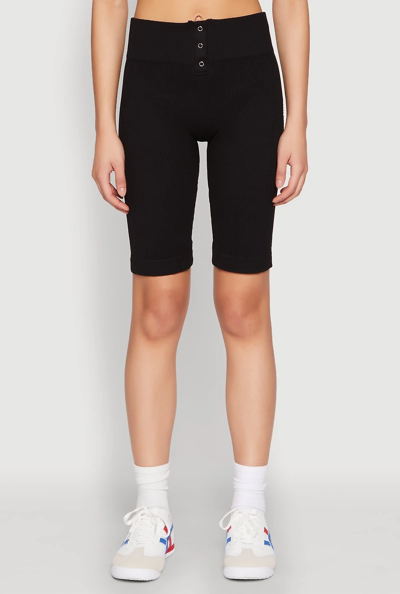 Womens Seamless Ribbed Button Detail Biker Shorts, Black, Size S-M