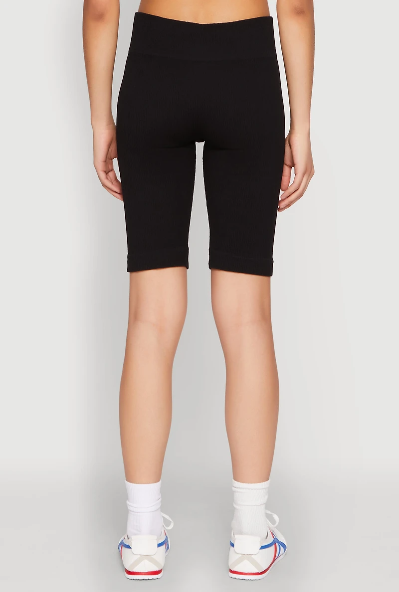 Womens Seamless Ribbed Button Detail Biker Shorts, Black, Size S-M