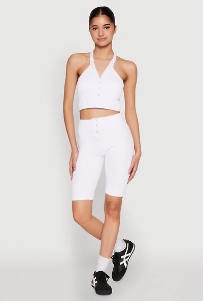 Womens Seamless Ribbed Button Detail Biker Shorts, White, Size S-M
