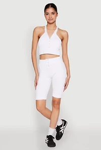 Womens Seamless Ribbed Button Detail Biker Shorts, White, Size S-M