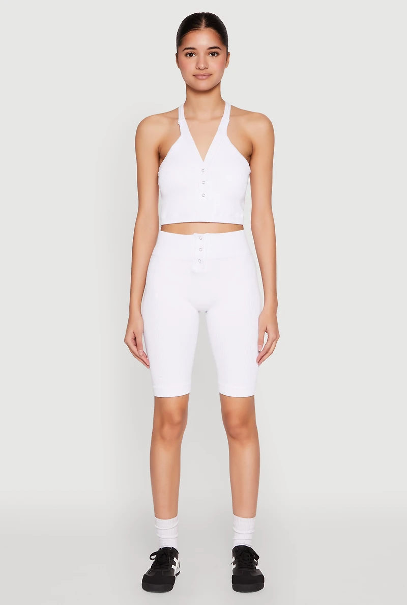 Womens Seamless Ribbed Button Detail Biker Shorts, White, Size S-M