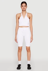 Womens Seamless Ribbed Button Detail Biker Shorts, White, Size S-M