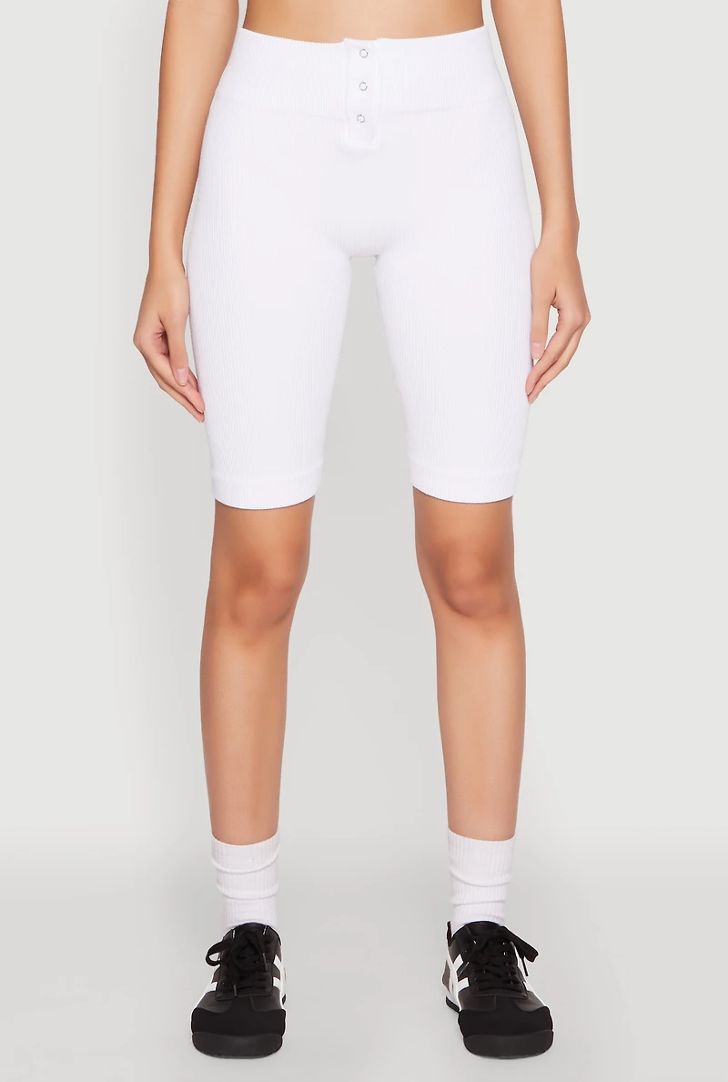 Seamless Ribbed Button Detail Biker Shorts