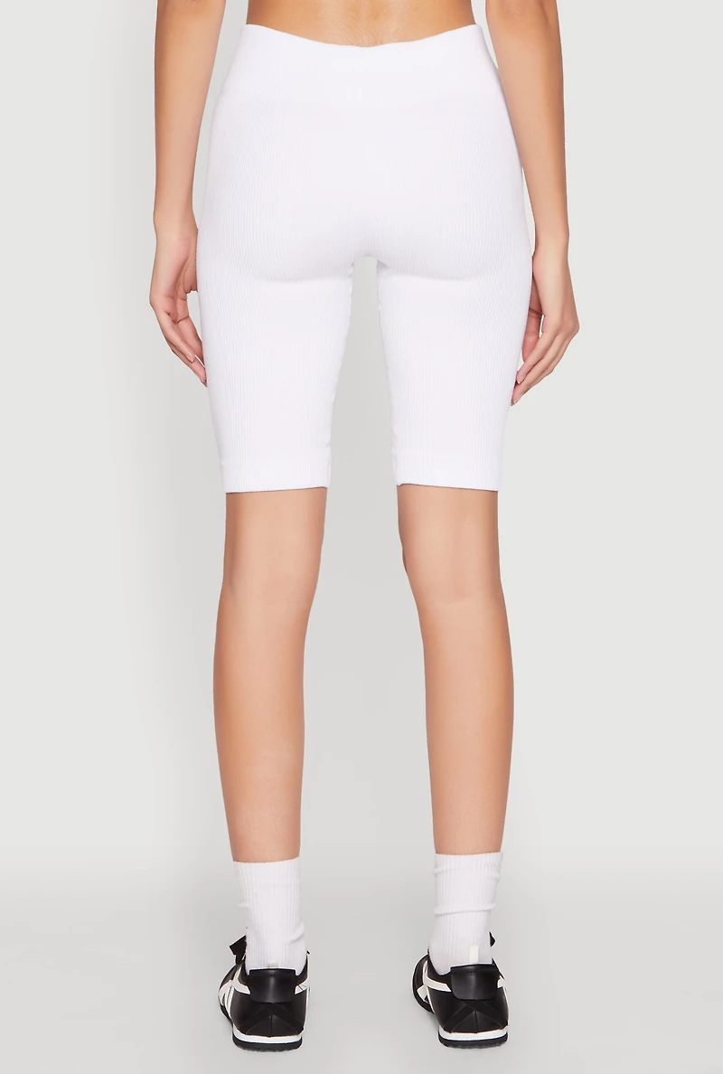 Womens Seamless Ribbed Button Detail Biker Shorts, White, Size S-M
