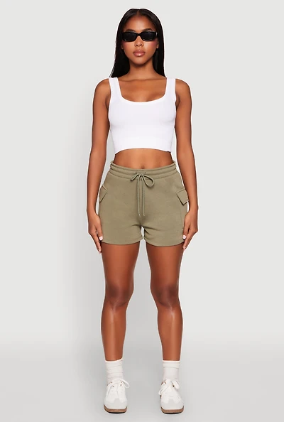 Womens Drawstring Cargo Sweatshorts, Green, Size S