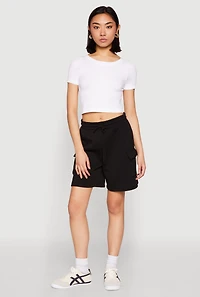 Womens Cargo Pocket Drawstring Sweatshorts, Black, Size M