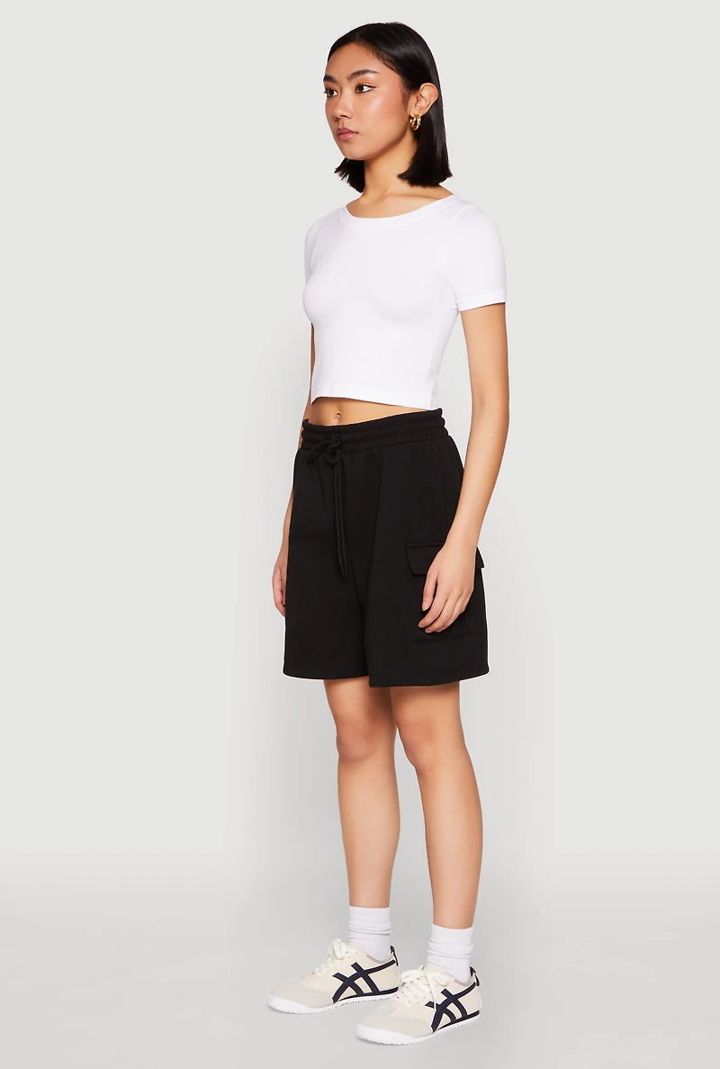 Womens Cargo Pocket Drawstring Sweatshorts, Black, Size M