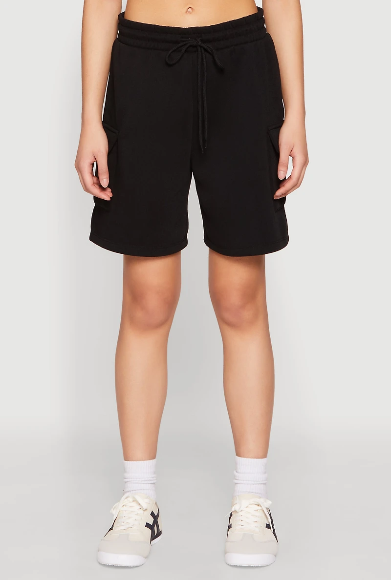 Womens Cargo Pocket Drawstring Sweatshorts, Black, Size M