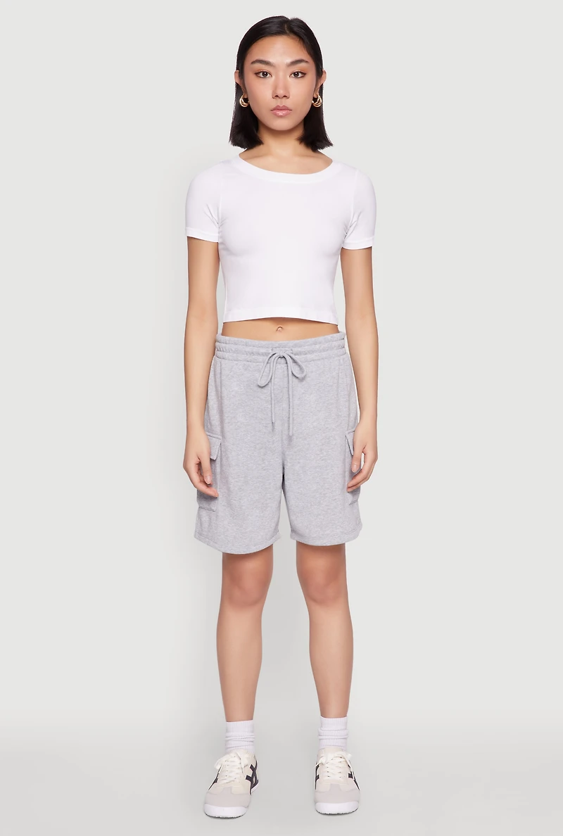 Womens Cargo Pocket Drawstring Sweatshorts, Grey, Size M