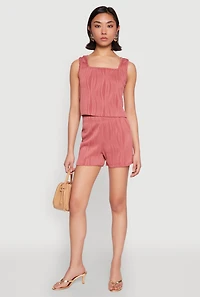 Womens Plisse Knit High Waisted Shorts, L